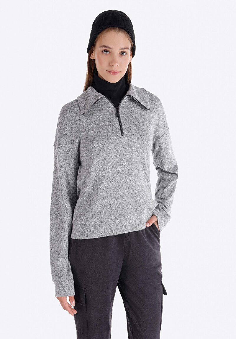 Imagine a Regular Fit Fermoar Drept Gri Tricou Cu Mânecă Lungă Pentru Femei