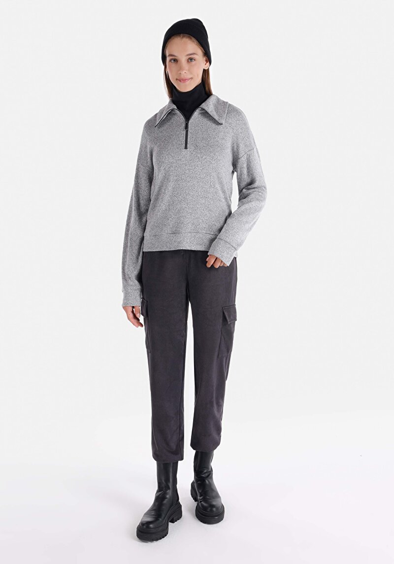 Imagine a Regular Fit Fermoar Drept Gri Tricou Cu Mânecă Lungă Pentru Femei