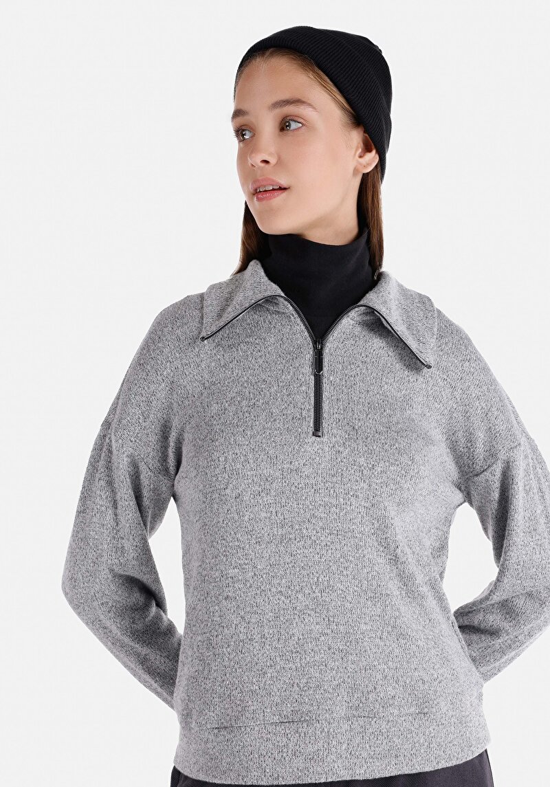 Afișați detalii pentru Regular Fit Fermoar Drept Gri Tricou Cu Mânecă Lungă Pentru Femei