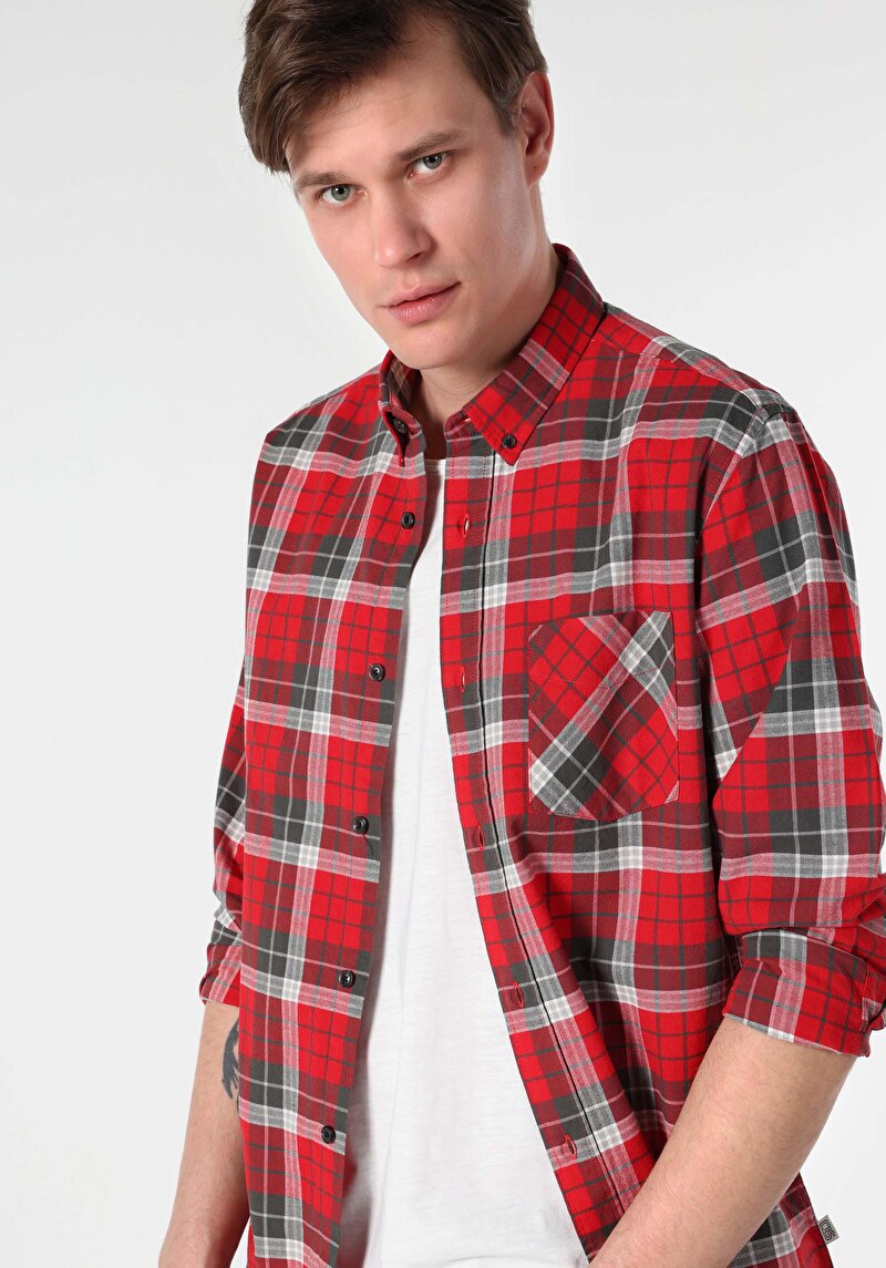 Imagine a Regular Fit Cămașă Gât În Carouri Cămașă Roșie Cu Mânecă Lungă Pentru Bărbați