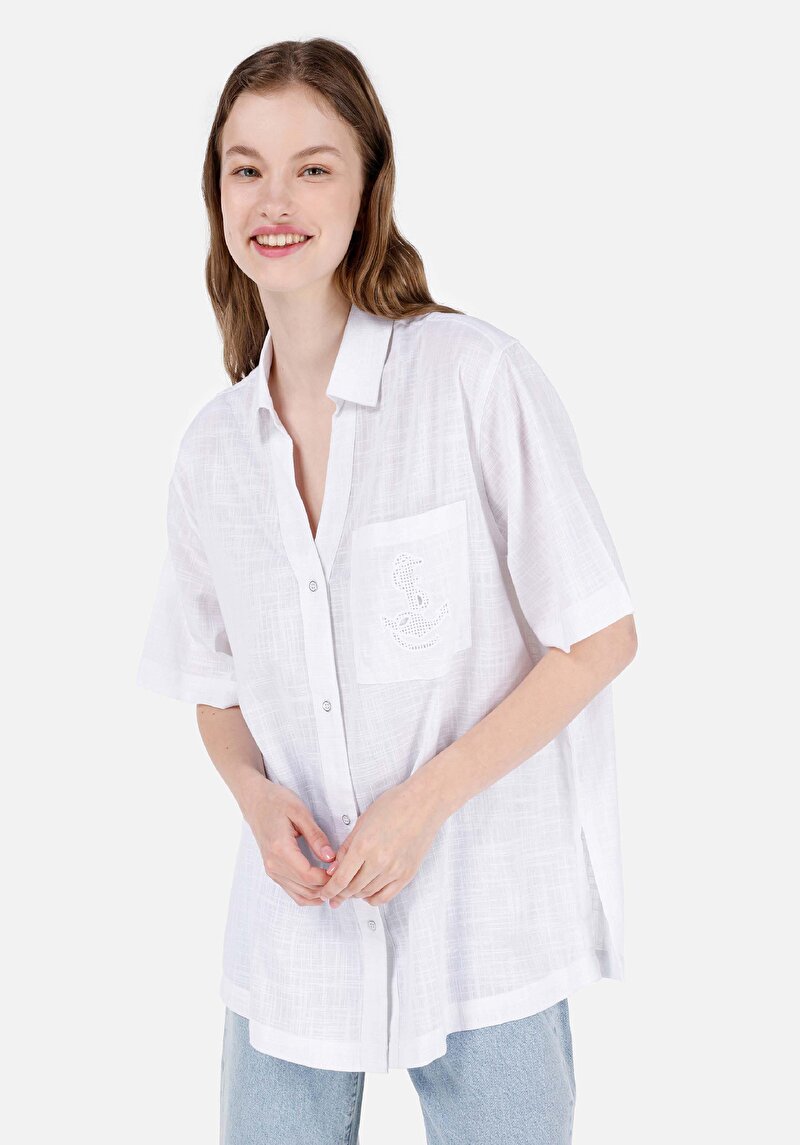 Imagine a Cămașă Relax Fit Neck Drept Cămașă Albă Cu Mânecă Scurtă Pentru Femei