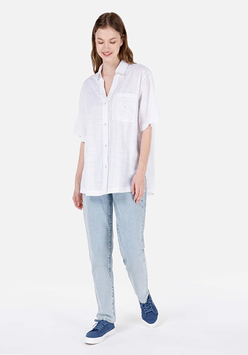 Imagine a Cămașă Relax Fit Neck Drept Cămașă Albă Cu Mânecă Scurtă Pentru Femei