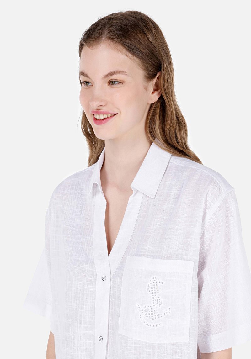 Imagine a Cămașă Relax Fit Neck Drept Cămașă Albă Cu Mânecă Scurtă Pentru Femei