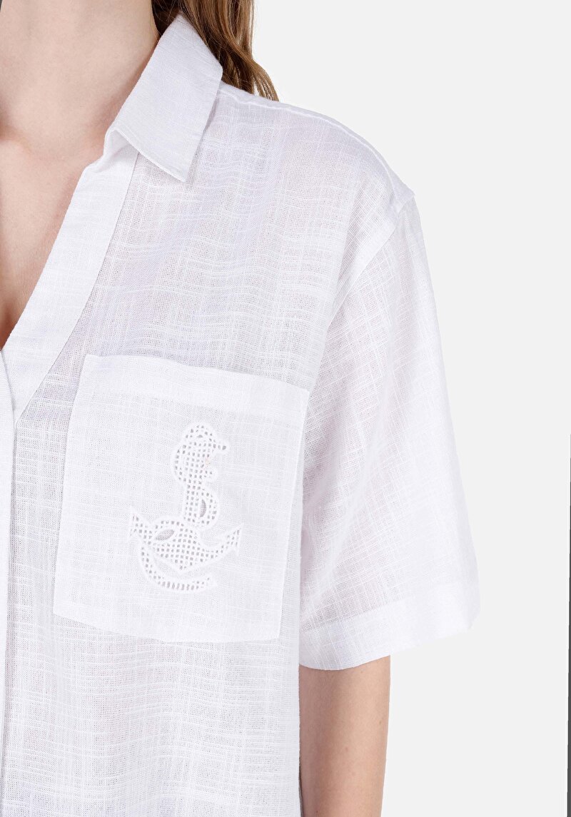 Imagine a Cămașă Relax Fit Neck Drept Cămașă Albă Cu Mânecă Scurtă Pentru Femei