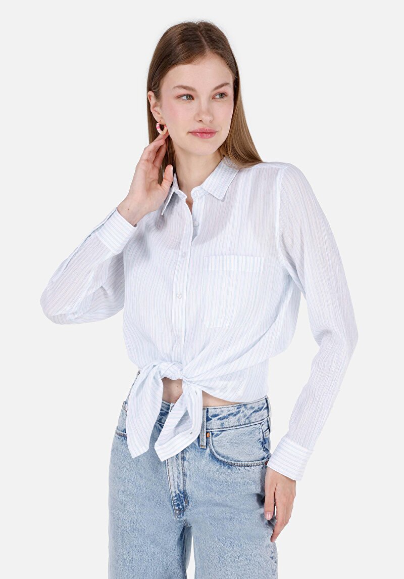 Imagine a Cămașă Cu Dungi Cămașă Albastră Cu Mânecă Lungă Pentru Femei