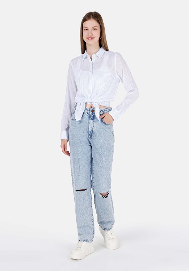 Afișați detalii pentru Cămașă Cu Dungi Cămașă Albastră Cu Mânecă Lungă Pentru Femei