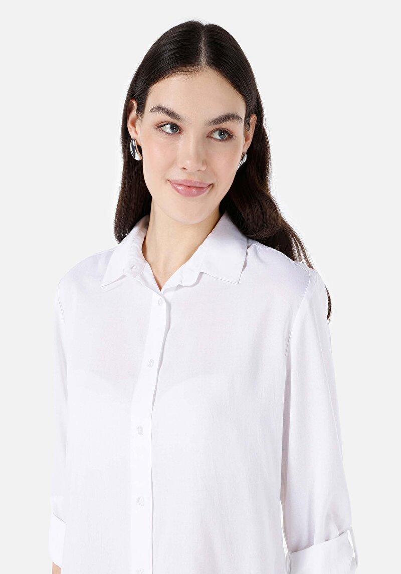 Imagine a Cămașă Regular Fit Neck Drept Cămașă Albă Roll-Up Pentru Femei