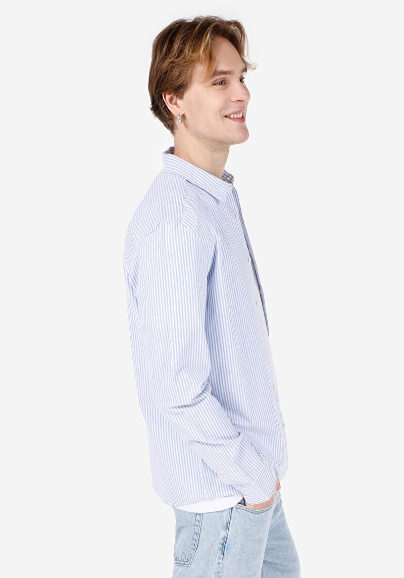 Imagine a Cămașă Slim Fit Cămașă Dreaptă Bărbați Albastru Mânecă Lungă