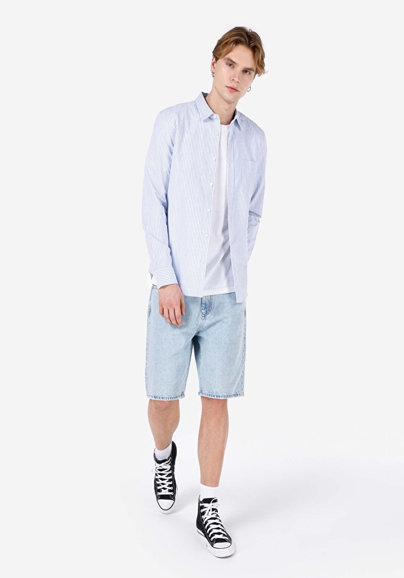 Imagine a Cămașă Slim Fit Cămașă Dreaptă Bărbați Albastru Mânecă Lungă