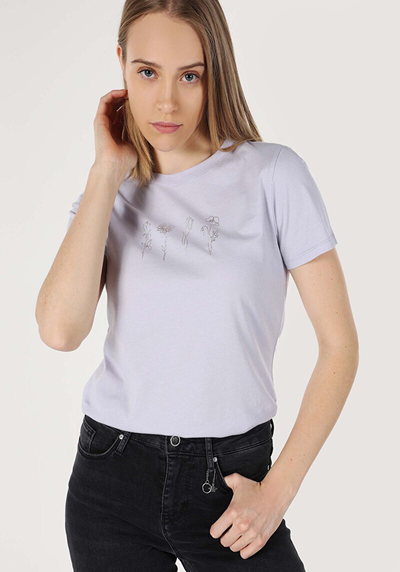 Imagine a Regular Fit Round Neck Imprimat Tricou Cu Mânecă Scurtă Mov Pentru Femei
