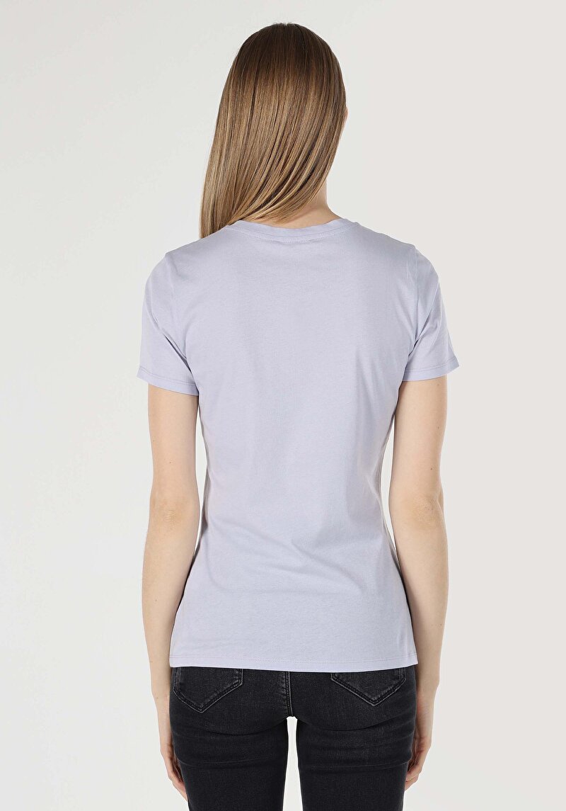 Imagine a Regular Fit Round Neck Imprimat Tricou Cu Mânecă Scurtă Mov Pentru Femei