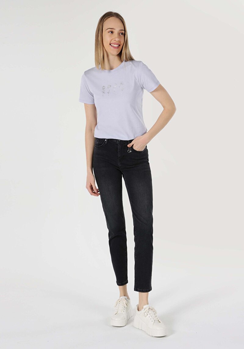 Imagine a Regular Fit Round Neck Imprimat Tricou Cu Mânecă Scurtă Mov Pentru Femei