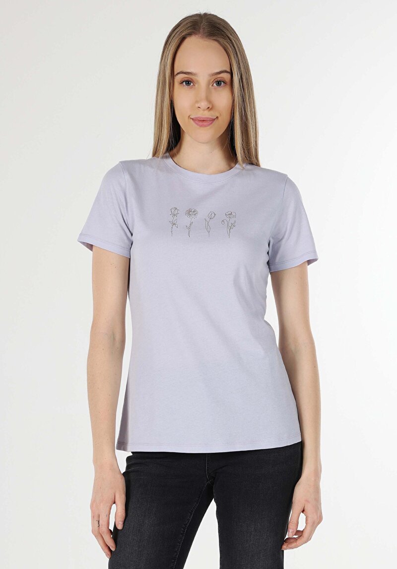 Imagine a Regular Fit Round Neck Imprimat Tricou Cu Mânecă Scurtă Mov Pentru Femei
