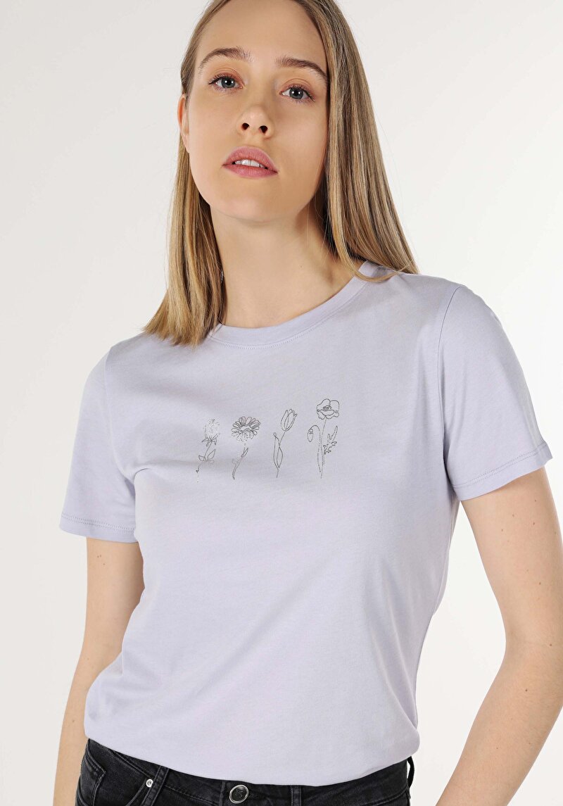 Imagine a Regular Fit Round Neck Imprimat Tricou Cu Mânecă Scurtă Mov Pentru Femei