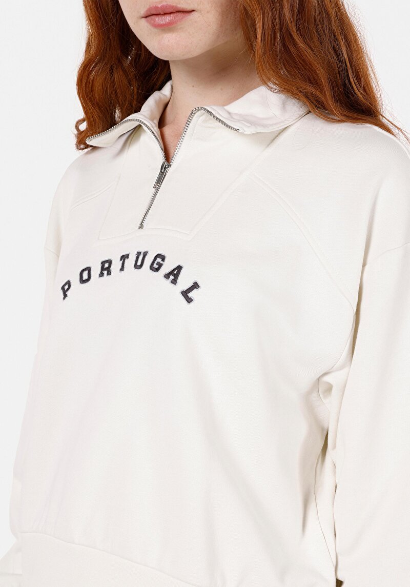 Afișați detalii pentru Regular Fit Fermoar Imprimat Imprimat Hanorac Alb Pentru Femei