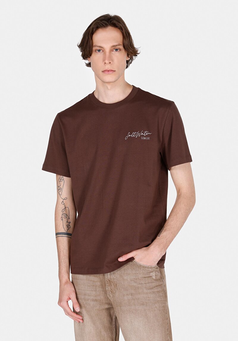 Imagine a Comfort Fit Round Collar Drept Bărbați Maro Short Tricou Cu Mânecă Scurtă