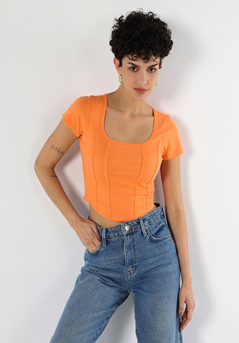 Afișați detalii pentru Slim Fit Tricou Cu Mânecă Scurtă Portocalie Pentru Femei