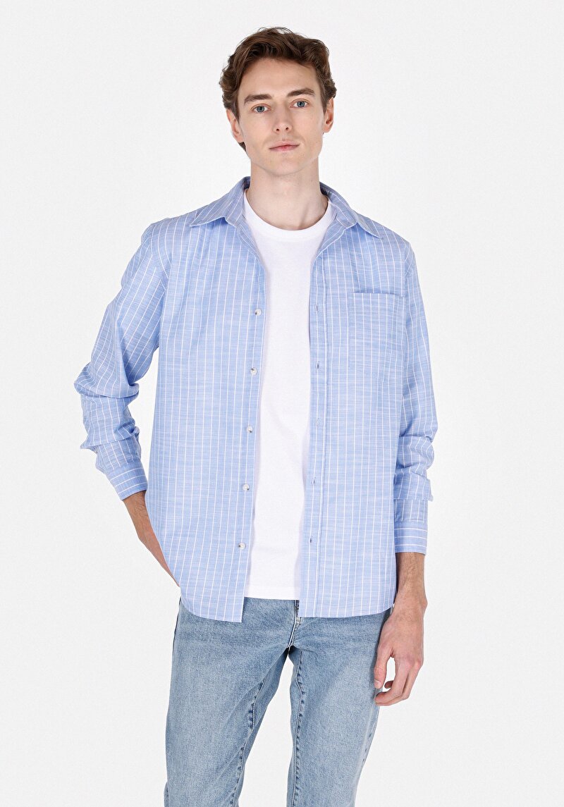 Imagine a Cămașă Cu Dungi Cămașă Albastră Cu Mânecă Lungă Pentru Bărbați