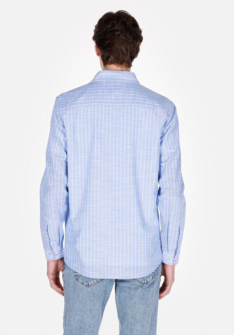 Imagine a Cămașă Cu Dungi Cămașă Albastră Cu Mânecă Lungă Pentru Bărbați