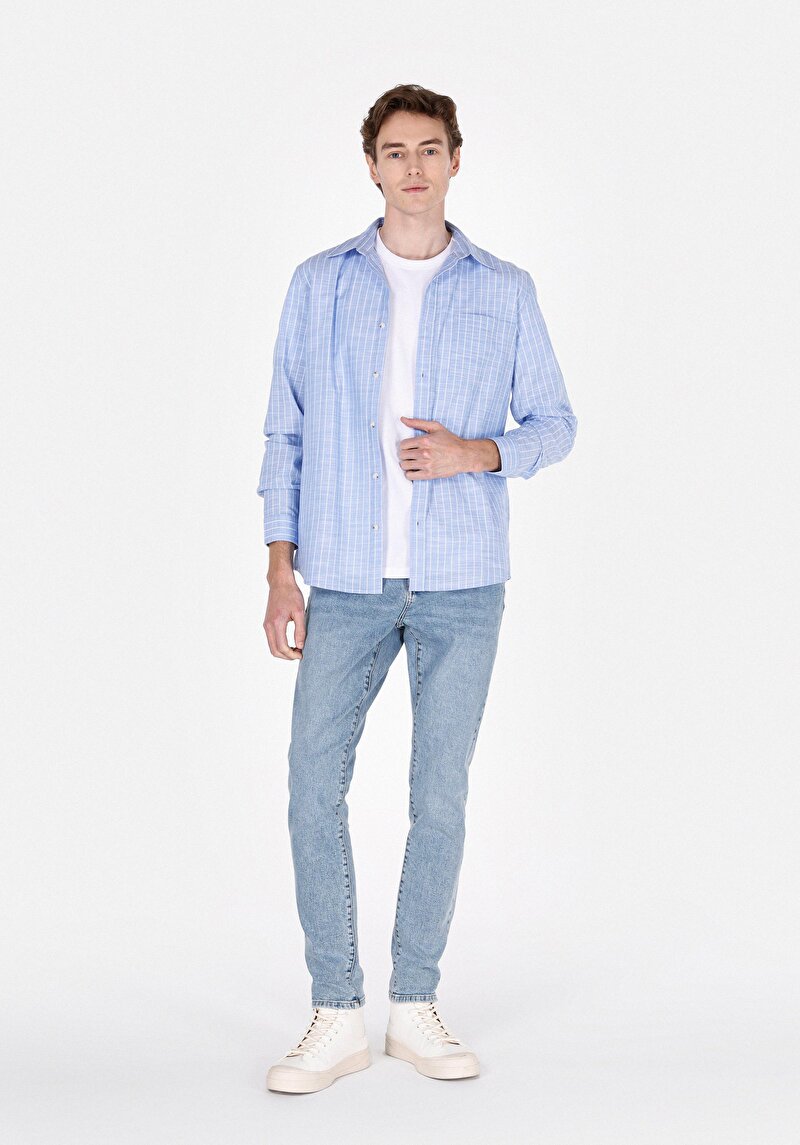 Imagine a Cămașă Cu Dungi Cămașă Albastră Cu Mânecă Lungă Pentru Bărbați