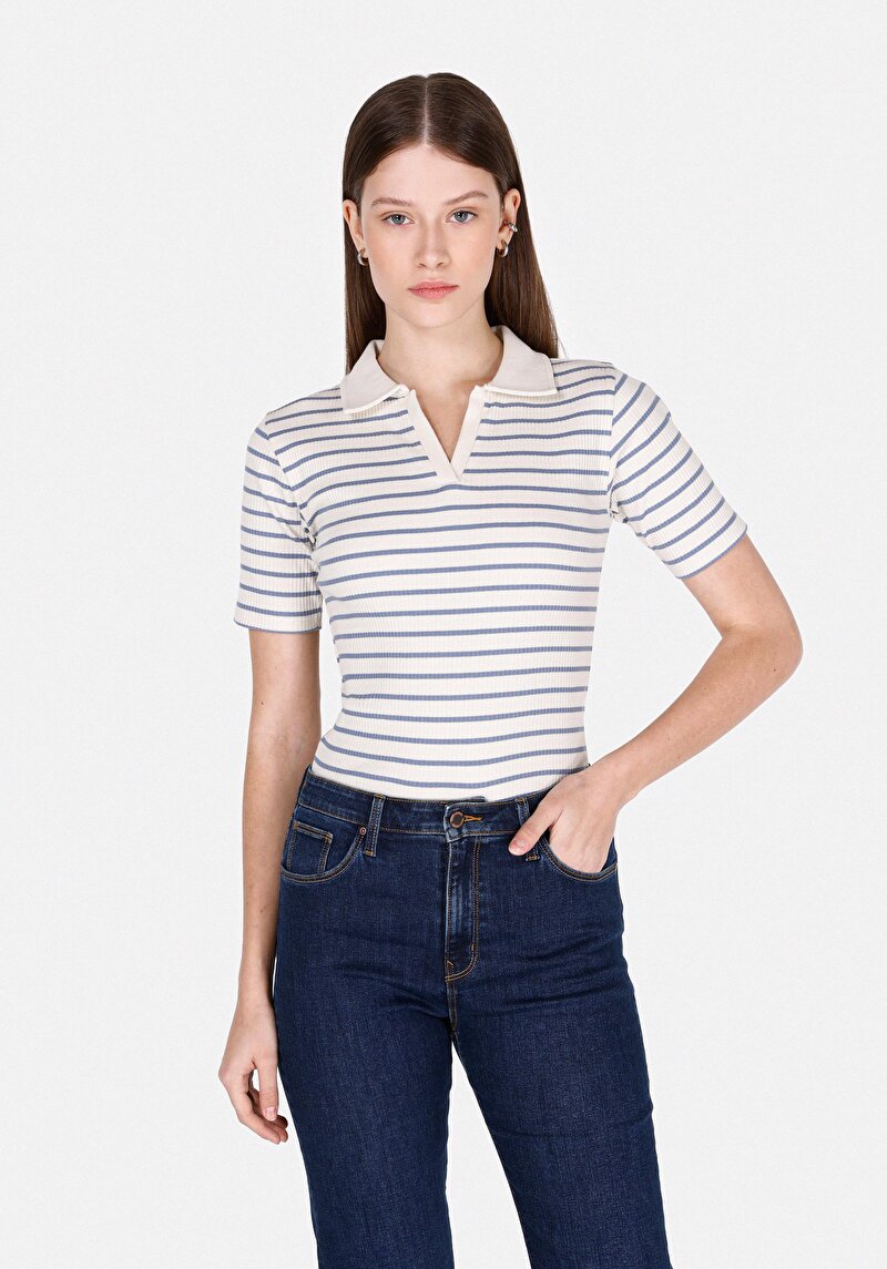 Imagine a Slim Fit Polo Collar Striped Tricou Albastru Cu Mânecă Scurtă Pentru Femei