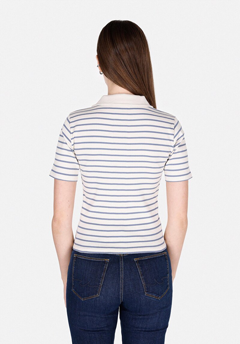 Afișați detalii pentru Slim Fit Polo Collar Striped Tricou Albastru Cu Mânecă Scurtă Pentru Femei