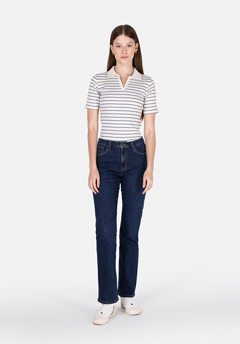 Imagine a Slim Fit Polo Collar Striped Tricou Albastru Cu Mânecă Scurtă Pentru Femei