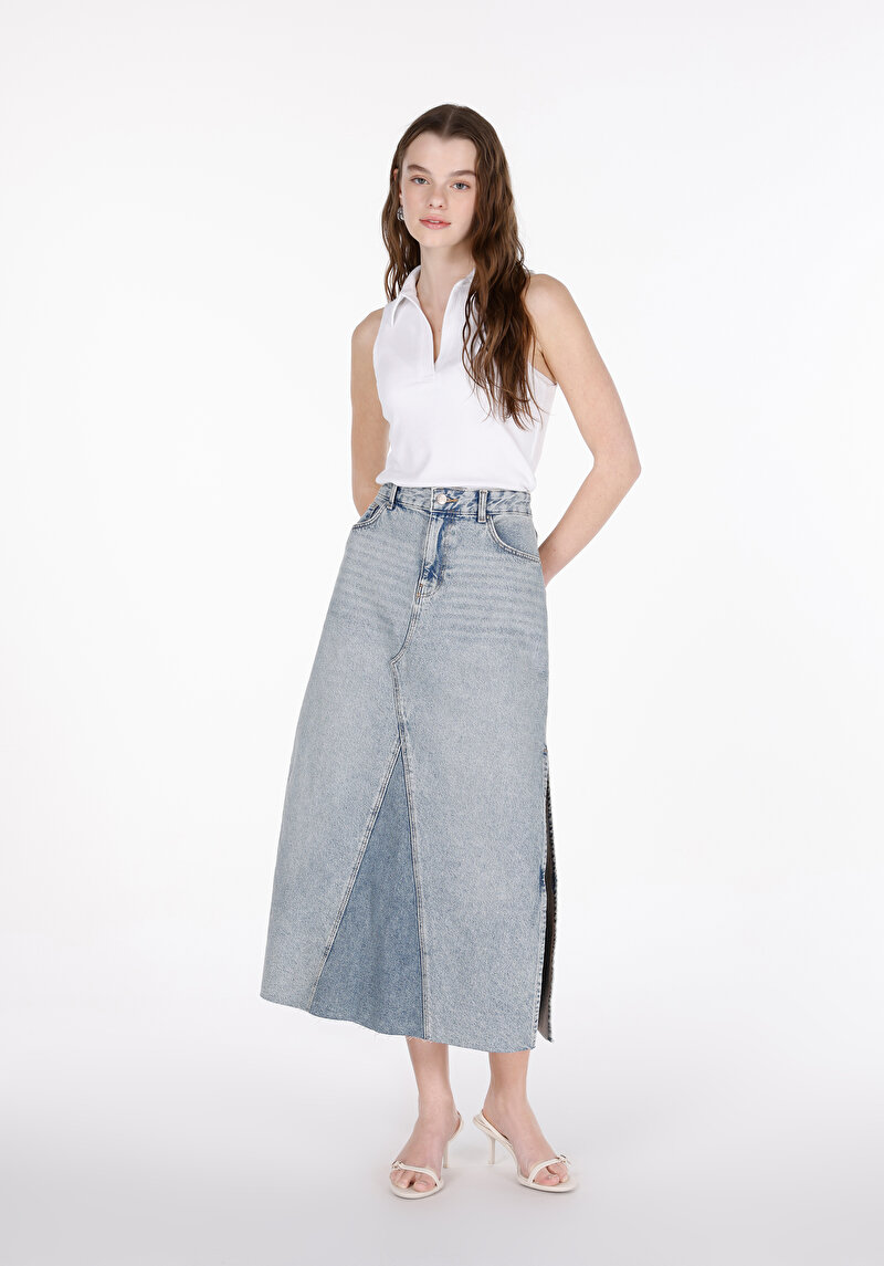 Imagine a Slim Fit Drept Fermoar Fustă Albastră Pentru Femei