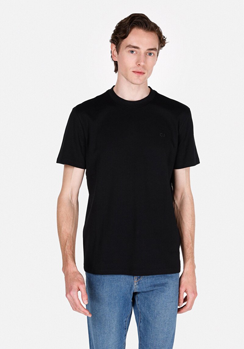 Imagine a Regular Fit Round Neck Drept Bărbați Negru Tricou Cu Mânecă Scurtă