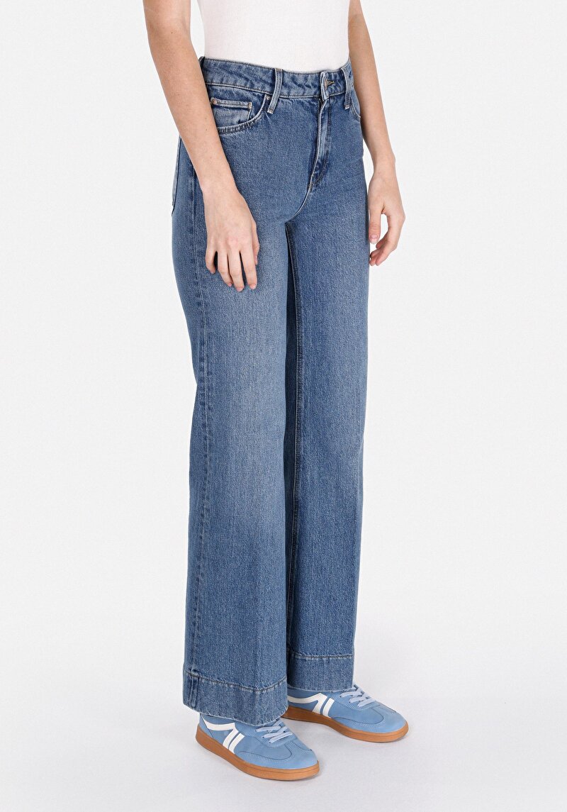 Afișați detalii pentru Regular Fit Talie Înaltă Picior Larg Blugi İndigo Pentru Femei