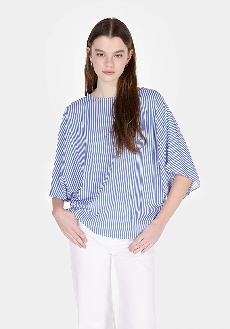 Imagine a Regular Fit Cămașă Albastră Cu Mânecă Scurtă Cu Dungi Cu Decolteu În V