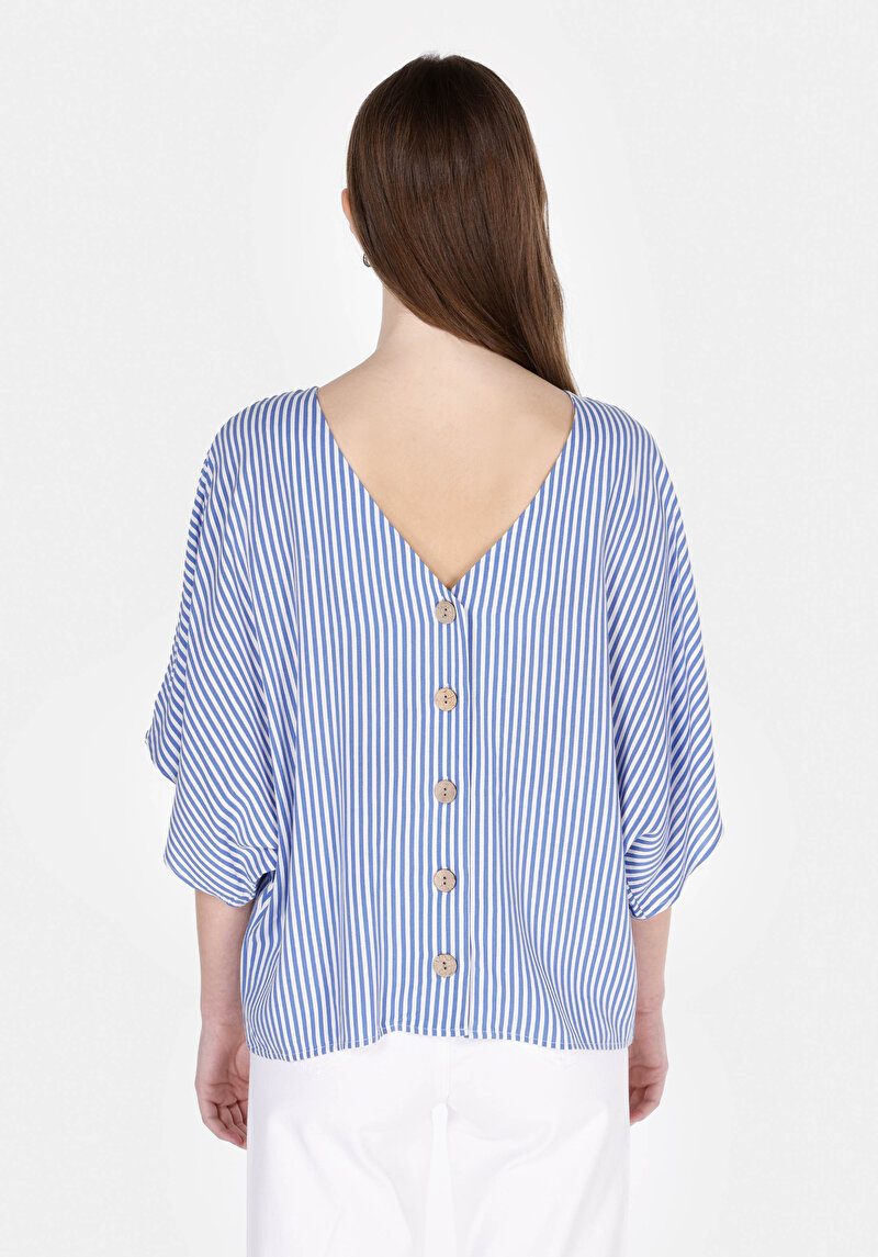 Imagine a Regular Fit Cămașă Albastră Cu Mânecă Scurtă Cu Dungi Cu Decolteu În V