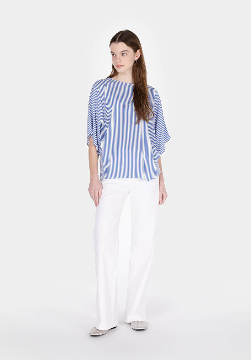 Imagine a Regular Fit Cămașă Albastră Cu Mânecă Scurtă Cu Dungi Cu Decolteu În V