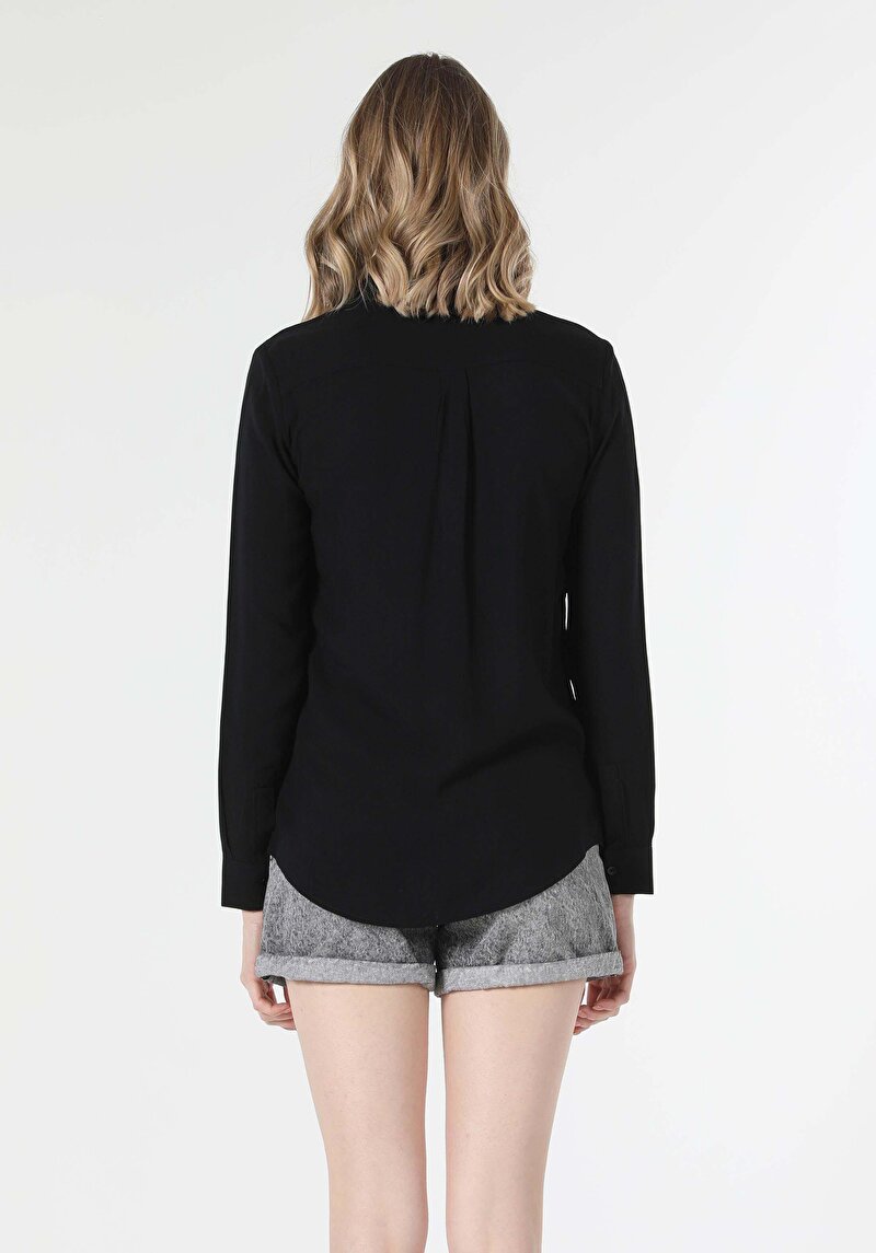 Imagine a Regular Fit Cămașă Gât Drept Cămașă Negru Manșon Lung Pentru Femei