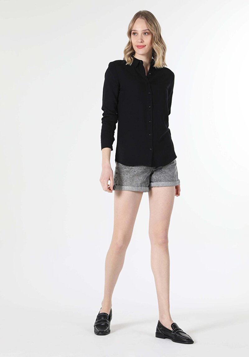 Imagine a Regular Fit Cămașă Gât Drept Cămașă Negru Manșon Lung Pentru Femei