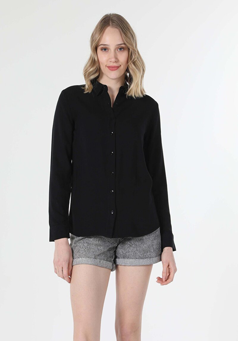 Afișați detalii pentru Regular Fit Cămașă Gât Drept Cămașă Negru Manșon Lung Pentru Femei