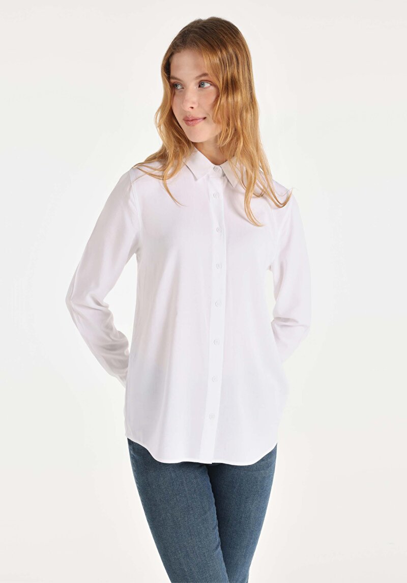 Imagine a Regular Fit Cămașă Decolteu Drept Cămașă Albă Cu Mânecă Lungă Pentru Femei