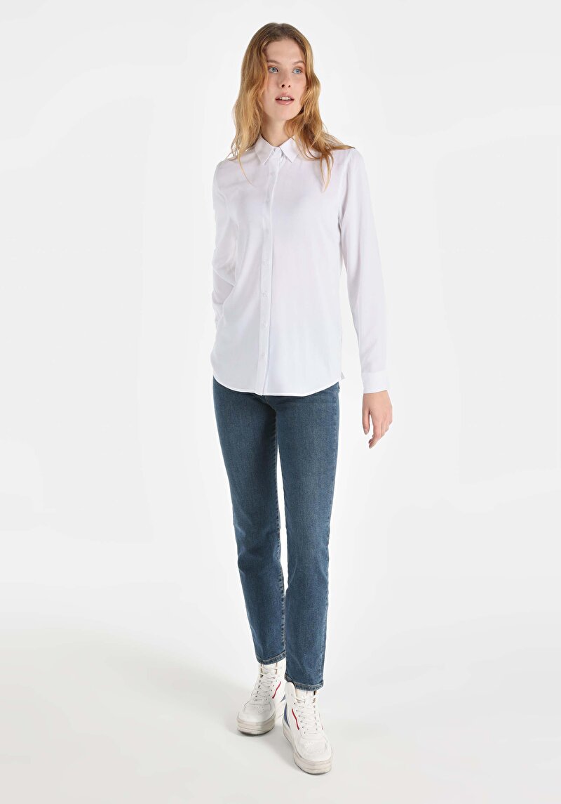 Afișați detalii pentru Regular Fit Cămașă Decolteu Drept Cămașă Albă Cu Mânecă Lungă Pentru Femei