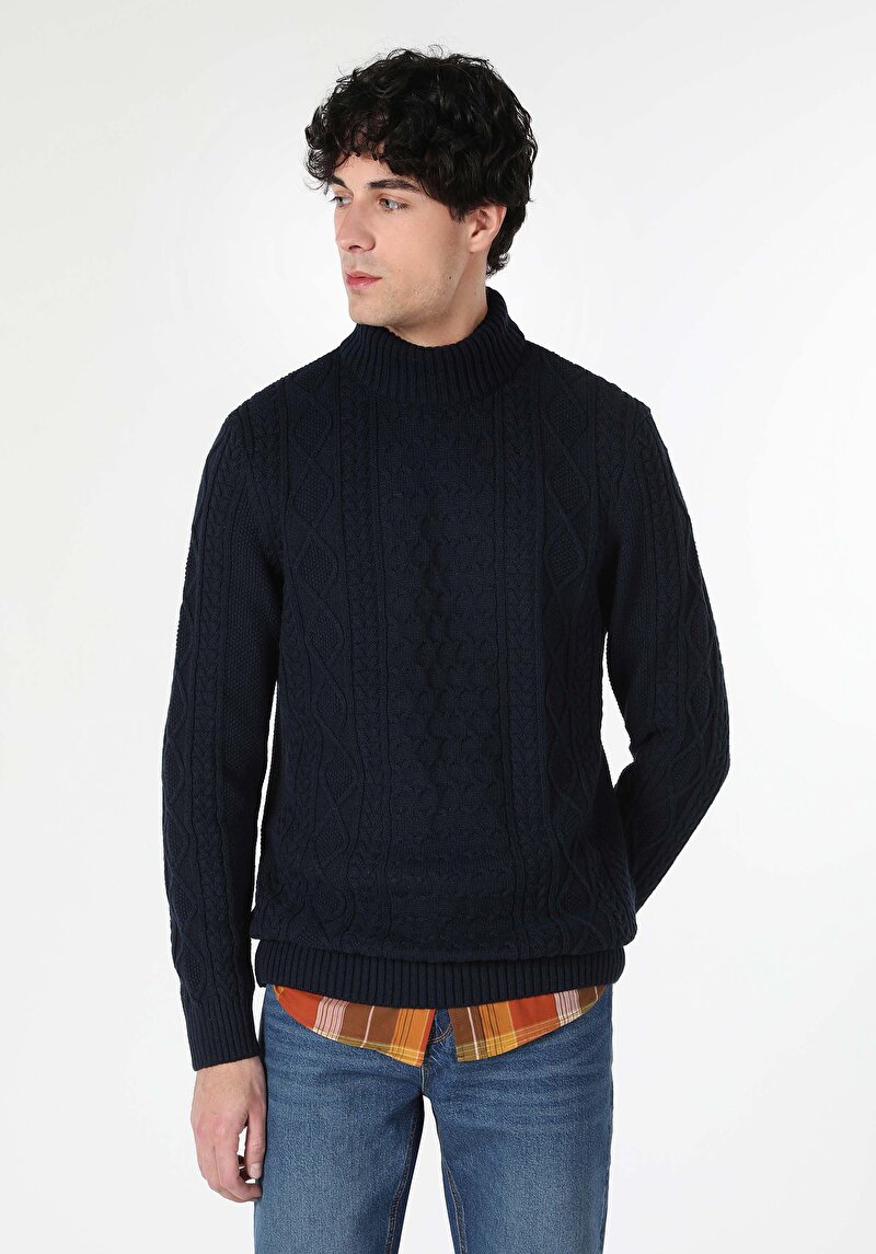 Afișați detalii pentru Pulover Jacquard Cu Gât Înalt Pentru Bărbați Bleumarin