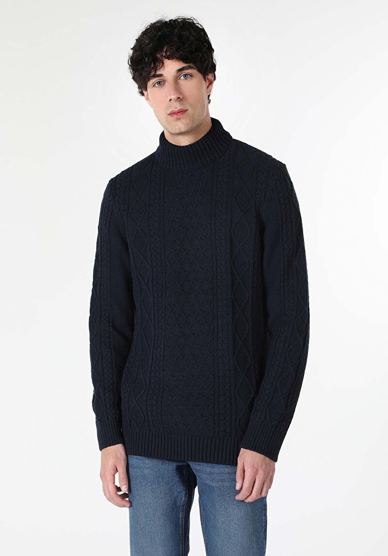 Afișați detalii pentru Pulover Jacquard Cu Gât Înalt Pentru Bărbați Bleumarin