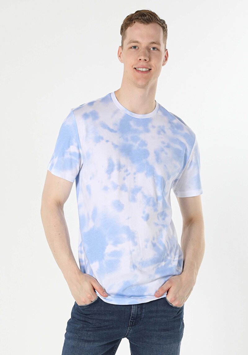 Imagine a Comfort Fit Round Collar Imprimat Tricou Albastru Cu Mânecă Scurtă Pentru Bărbați