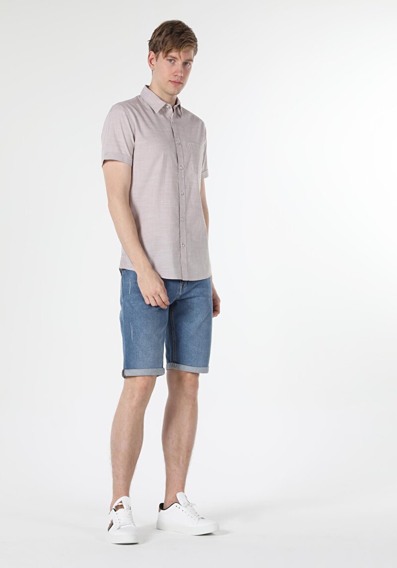 Imagine a Cămașă Slim Fit Cămașă Cu Mânecă Scurtă Cu Gât Drept Pentru Bărbați Bej