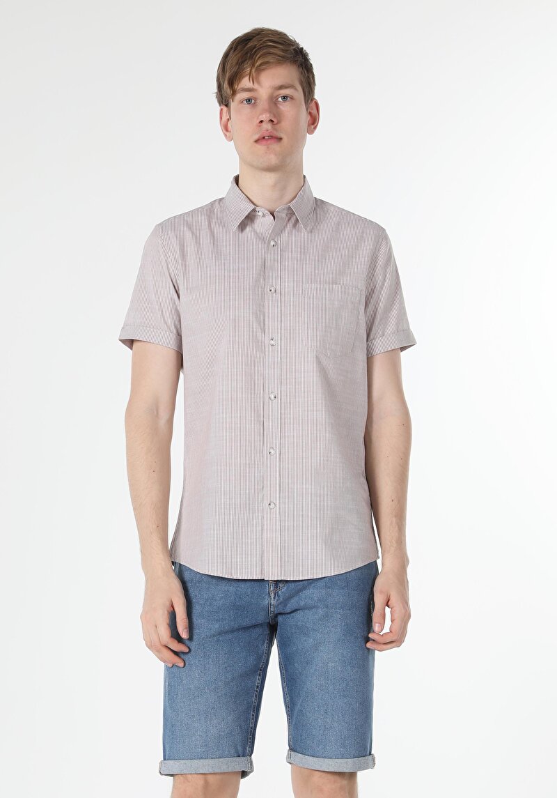 Afișați detalii pentru Cămașă Slim Fit Cămașă Cu Mânecă Scurtă Cu Gât Drept Pentru Bărbați Bej