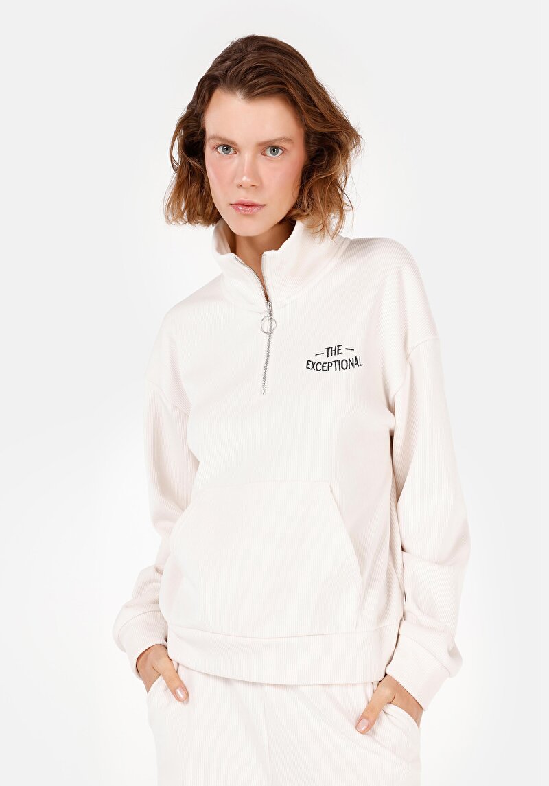 Imagine a Regular Fit Hanorac Ecru Pentru Femei Cu Fermoar