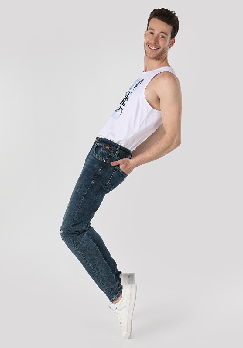 Imagine a Slim Fit Talie Joasă Picior Îngust Blugi İndigo Pentru Bărbați