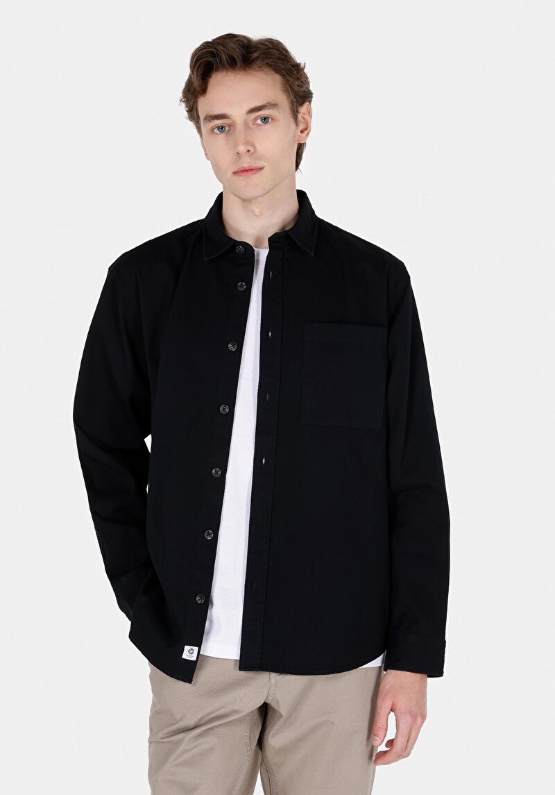 Imagine a Cămașă Comfort Fit Neck Drept Bărbați Negru Cămașă Cu Mânecă Lungă