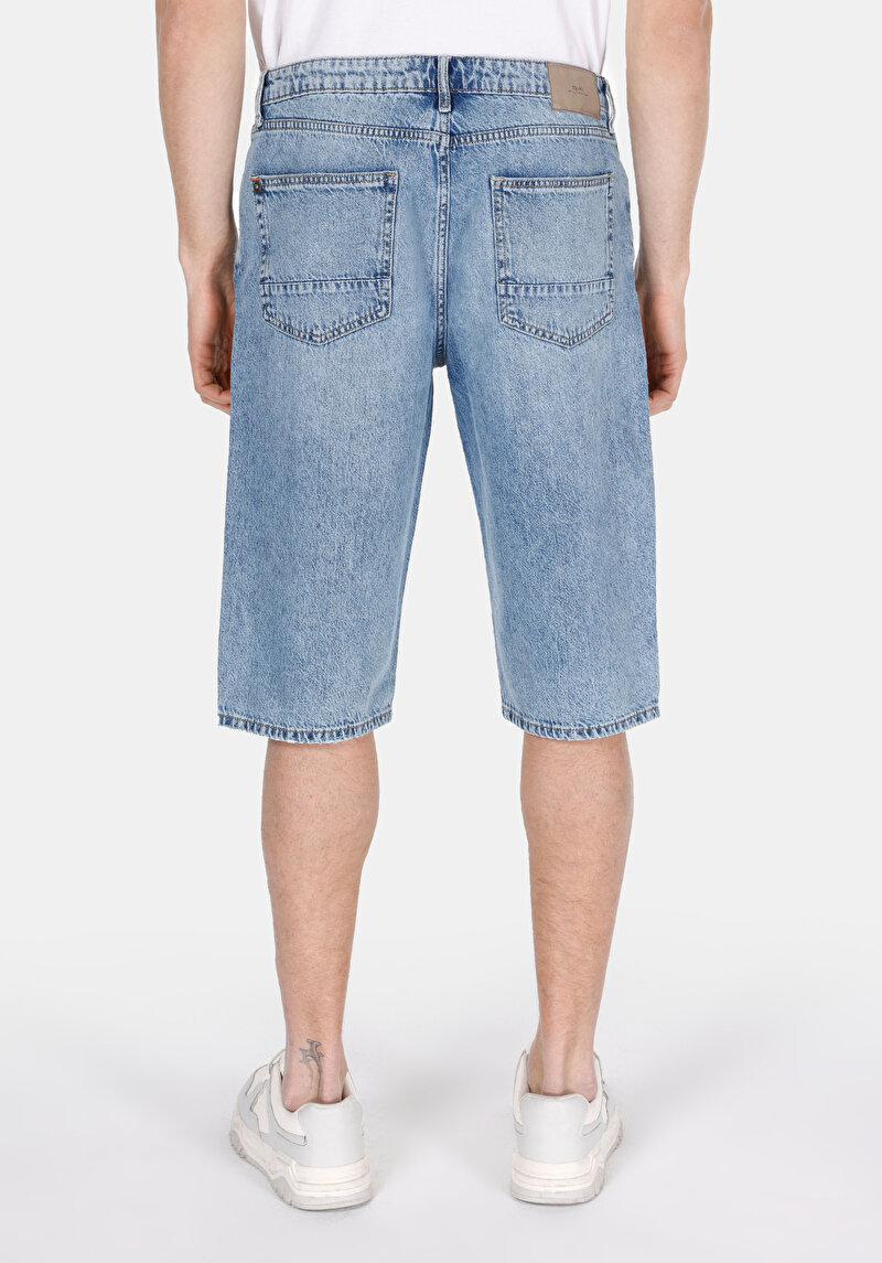 Imagine a Pantaloni Scurți De Jeans İndigo Pentru Bărbați Cu Talie Medie Dreaptă