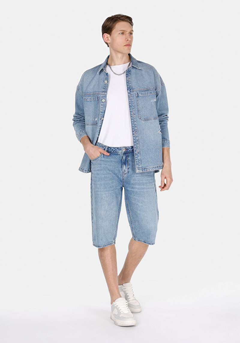 Imagine a Pantaloni Scurți De Jeans İndigo Pentru Bărbați Cu Talie Medie Dreaptă