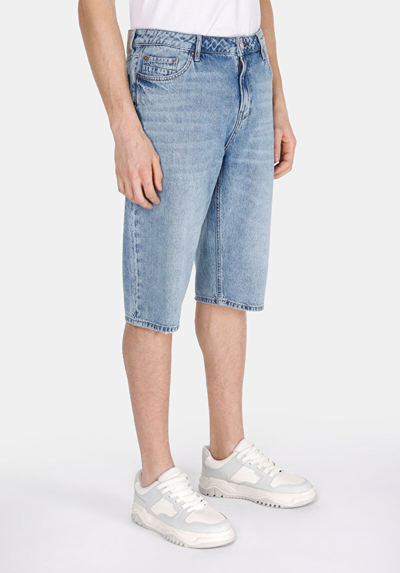 Imagine a Pantaloni Scurți De Jeans İndigo Pentru Bărbați Cu Talie Medie Dreaptă