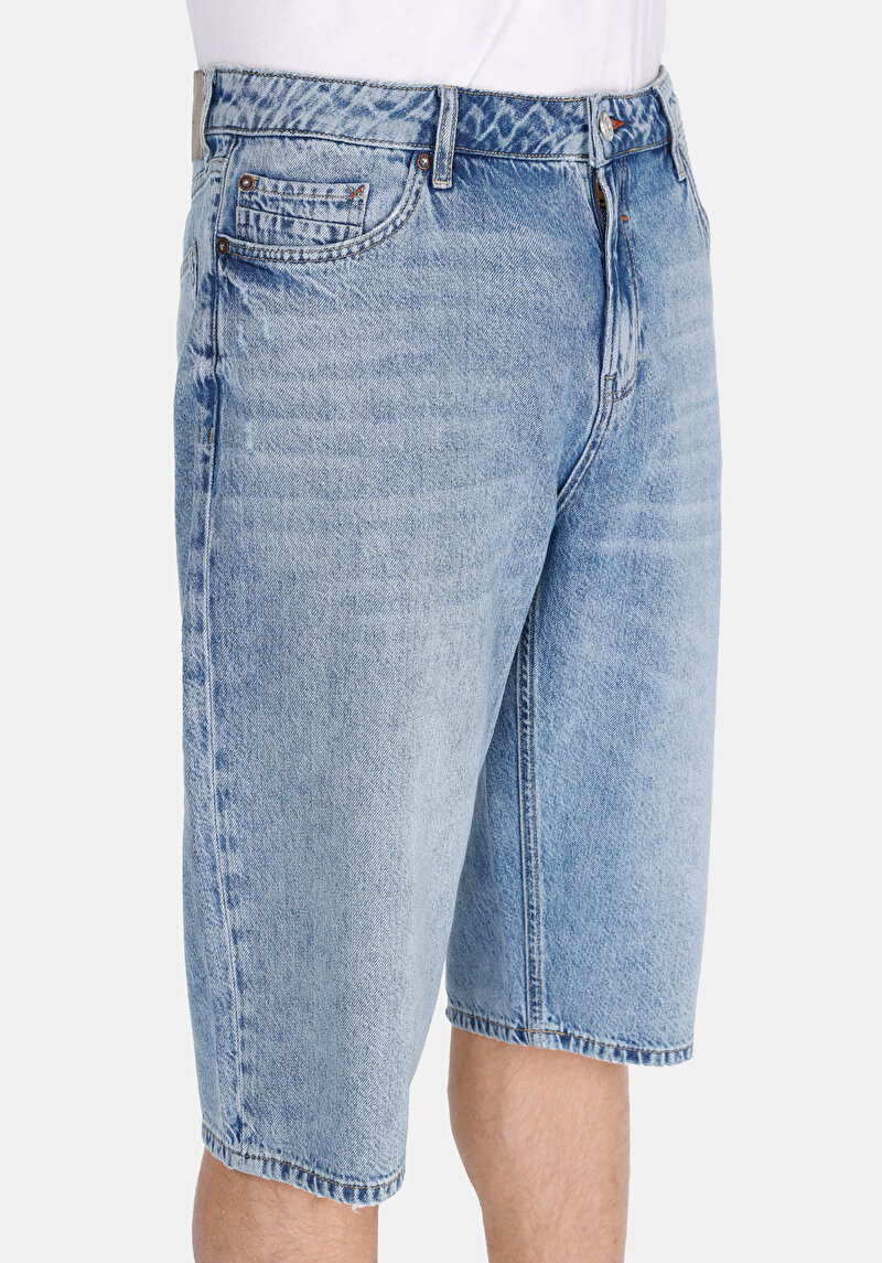 Afișați detalii pentru Pantaloni Scurți De Jeans İndigo Pentru Bărbați Cu Talie Medie Dreaptă